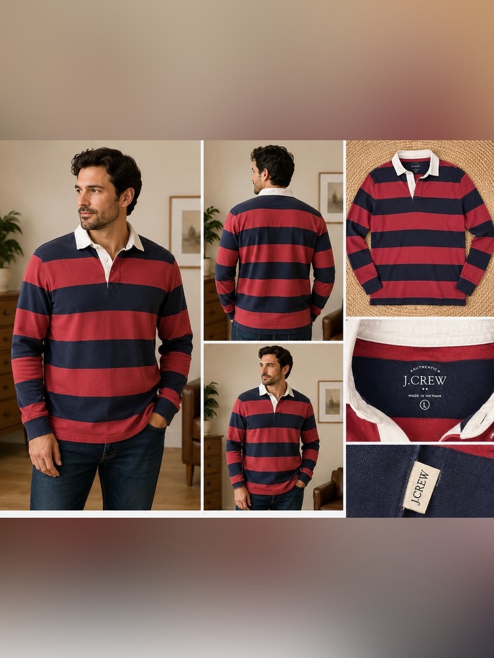 J. Crew Men's Long-Sleeve Stripe Rugby Polo - Red & Navy